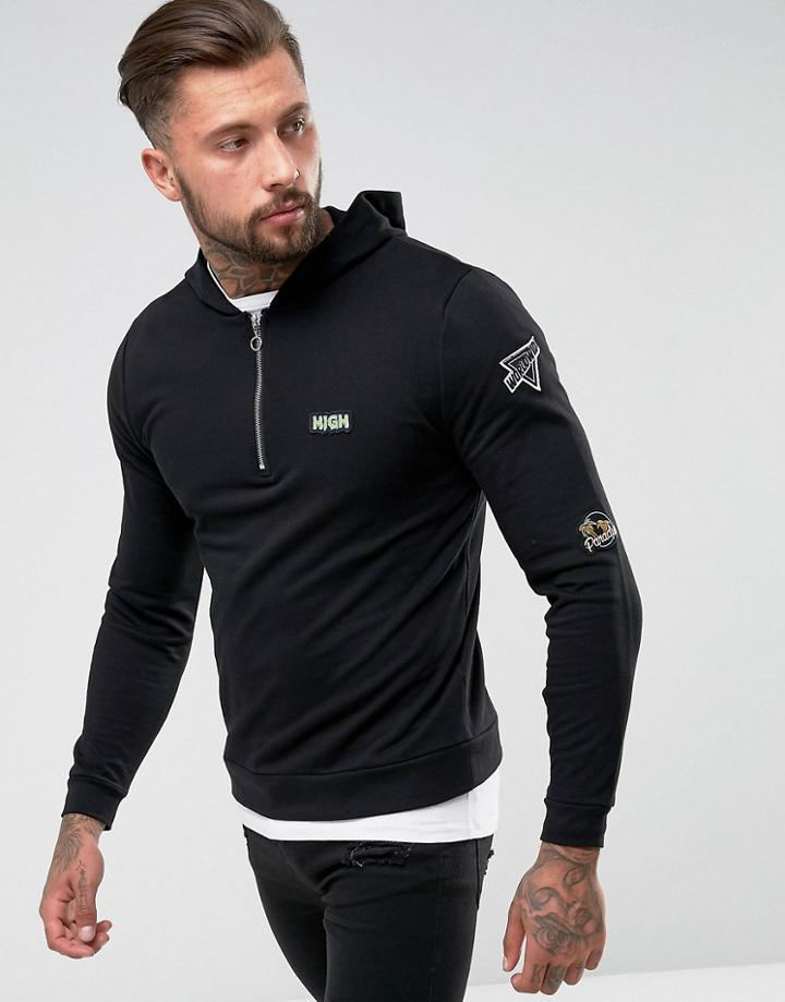 Asos Oversized Hoodie With Half Zip & Badges - Black