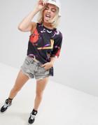 Asos X The Emoji Movie T-shirt With Asymmetric Hem And Smile Splatter Print - Multi