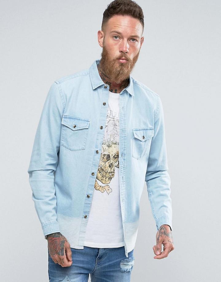 Asos Regular Fit Denim Shirt With Dip Dye - Blue
