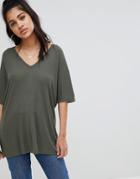 Asos Design Oversized V-neck T-shirt In Lightweight Rib In Khaki - Green
