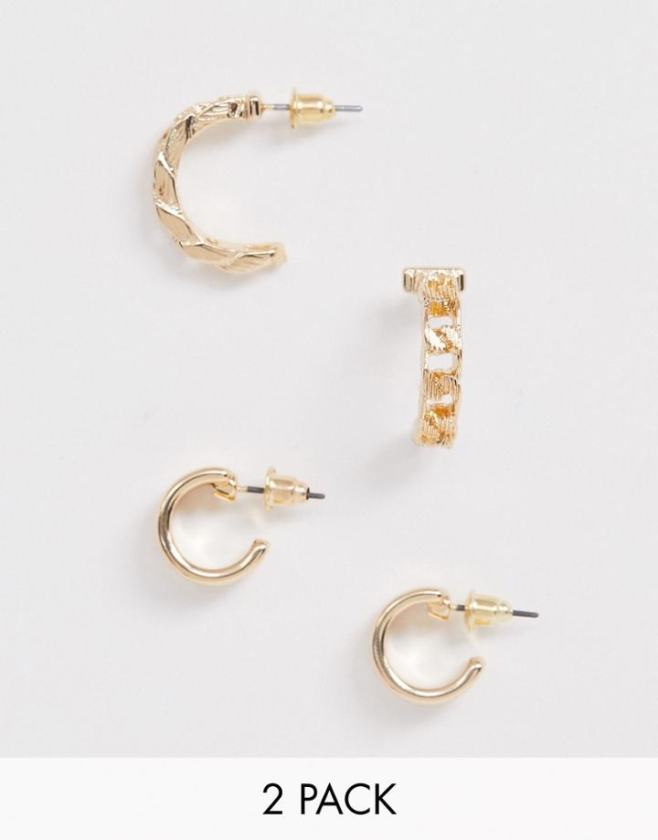 Asos Design Pack Of 2 Hoop Earrings In Linked Design In Gold Tone - Gold