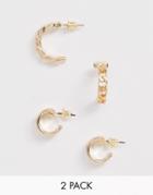Asos Design Pack Of 2 Hoop Earrings In Linked Design In Gold Tone - Gold