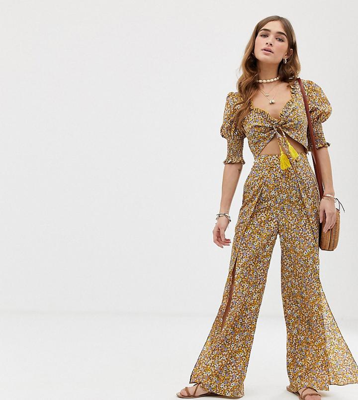 Sisters Of The Tribe Petite High Waist Pants With Leg Split In Ditsy Floral Two-piece-yellow