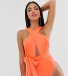 Asos Design Tall Cross Neck Wrap Swimsuit In Shiny Orange