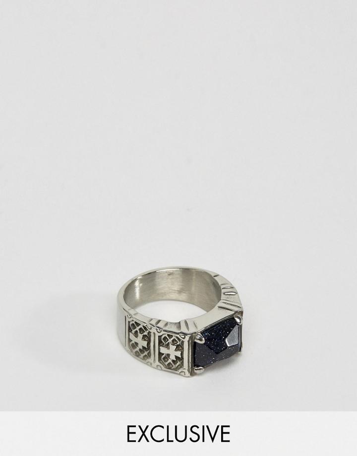 Reclaimed Vintage Inspired Ring With Black Stone And Crosses - Silver