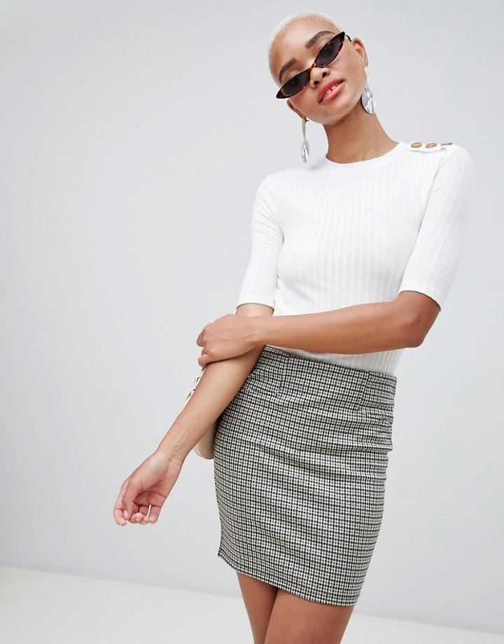 Stradivarius Ribbed Button Detail 3/4 Sleeve Top - Cream
