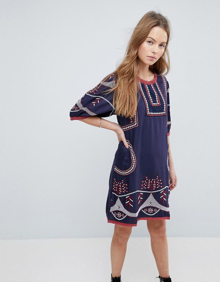 Hazel Embroidered Shift Dress - Navy