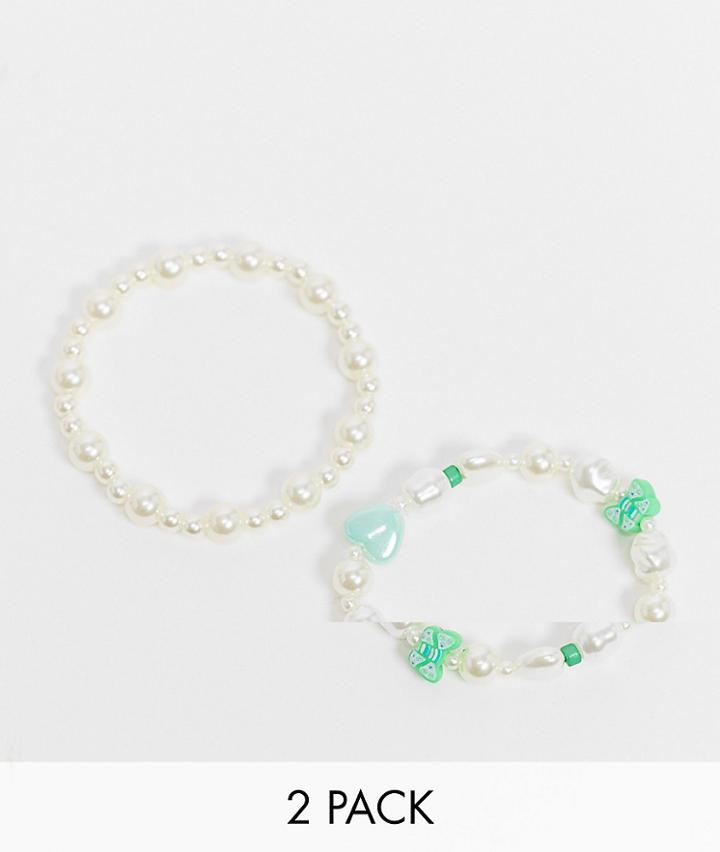 Asos Design Pack Of 2 Bracelets In Pearl In With Green Butterfly And Heart Beads-multi