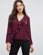 Asos Ruffle Blouse With Velvet Trim - Red