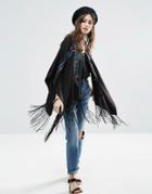 Asos Embroidered And Fringed Kimono Cape - Black