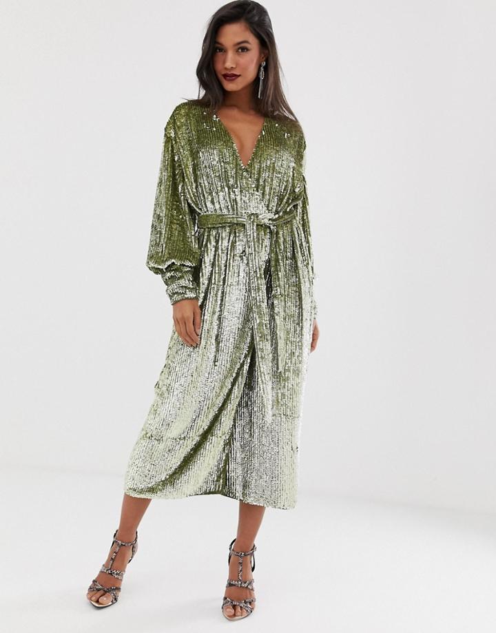 Asos Edition Sequin Wrap Midi Dress-green