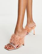 Asos Design Nettle Faux Feather Embellished Heeled Mules In Apricot-orange