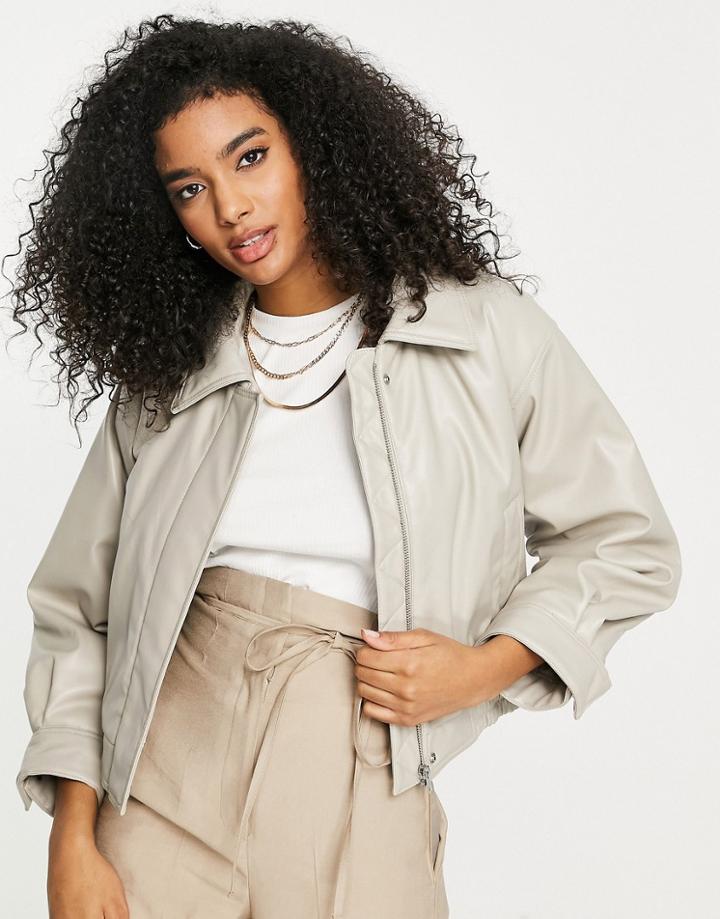 Asos Design Faux Leather Bomber Jacket In Latte-brown
