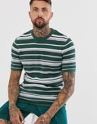 Asos Design Knitted Textured Stripe T-shirt In Green - Green