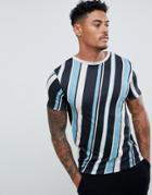 River Island Muscle Fit T-shirt With Diagonal Stripes In Blue