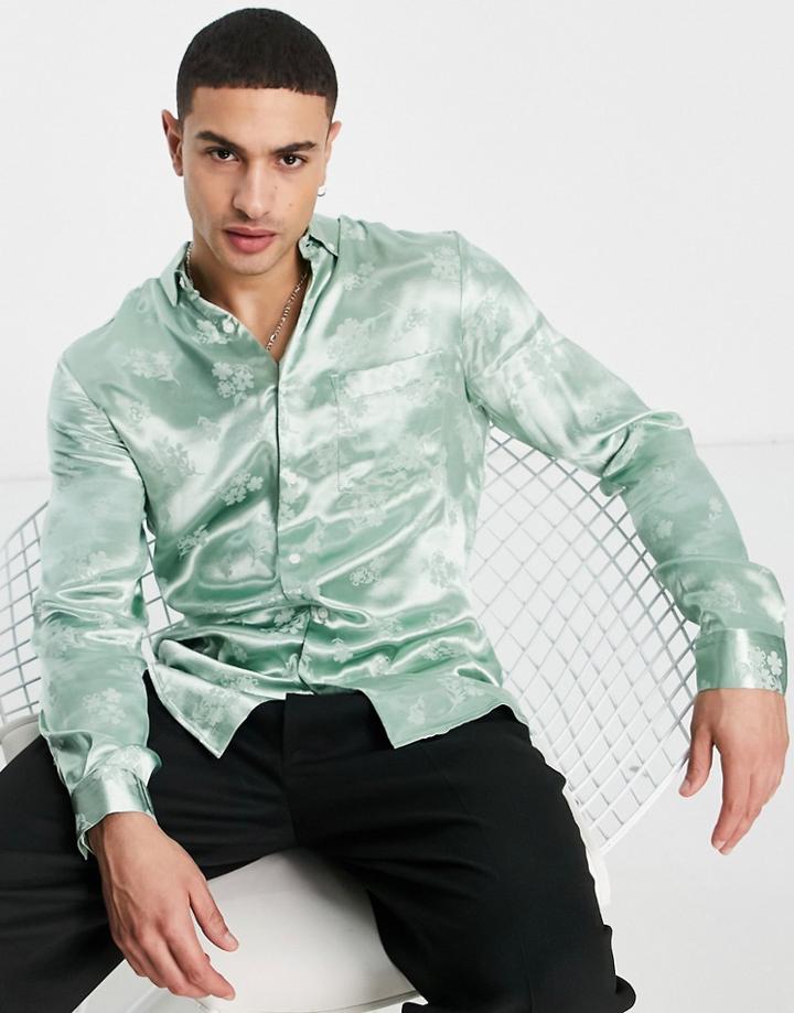 Asos Design Regular Fit Shirt In Green Floral Jacquard