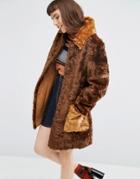 Asos A Line Coat In Faux Fur With Contrast Pockets - Brown