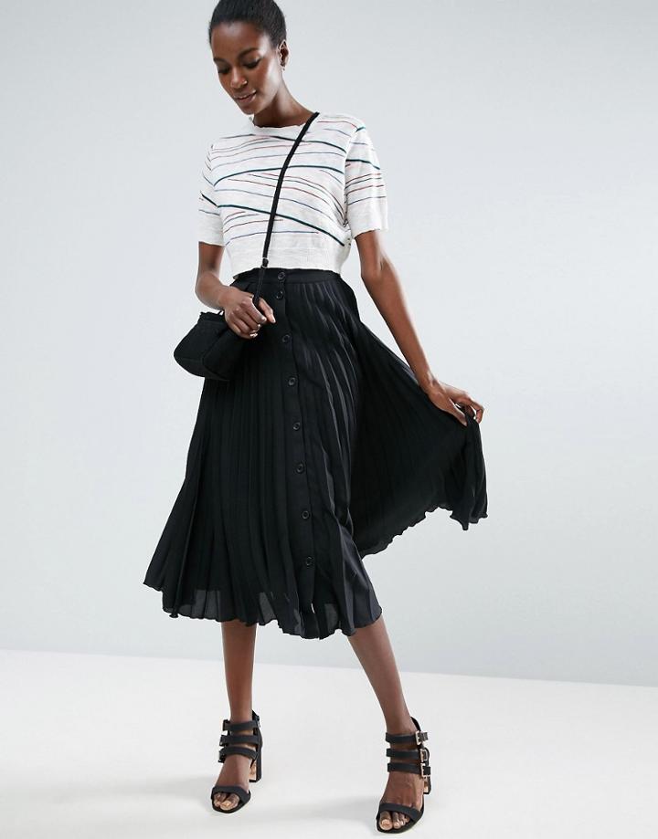 Asos Button Through Pleated Midi Skirt - Black