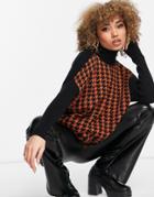 Qed London Roll Neck Houndstooth Sweater In Rust-multi