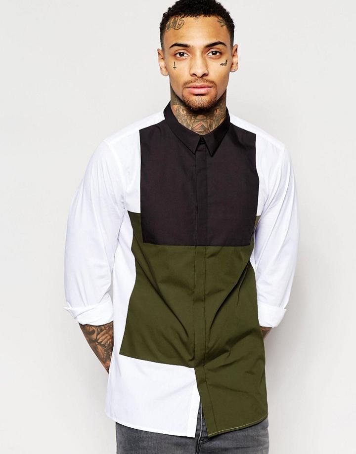 Asos White Shirt With Contrast Cut And Sew In Regular Fit - White