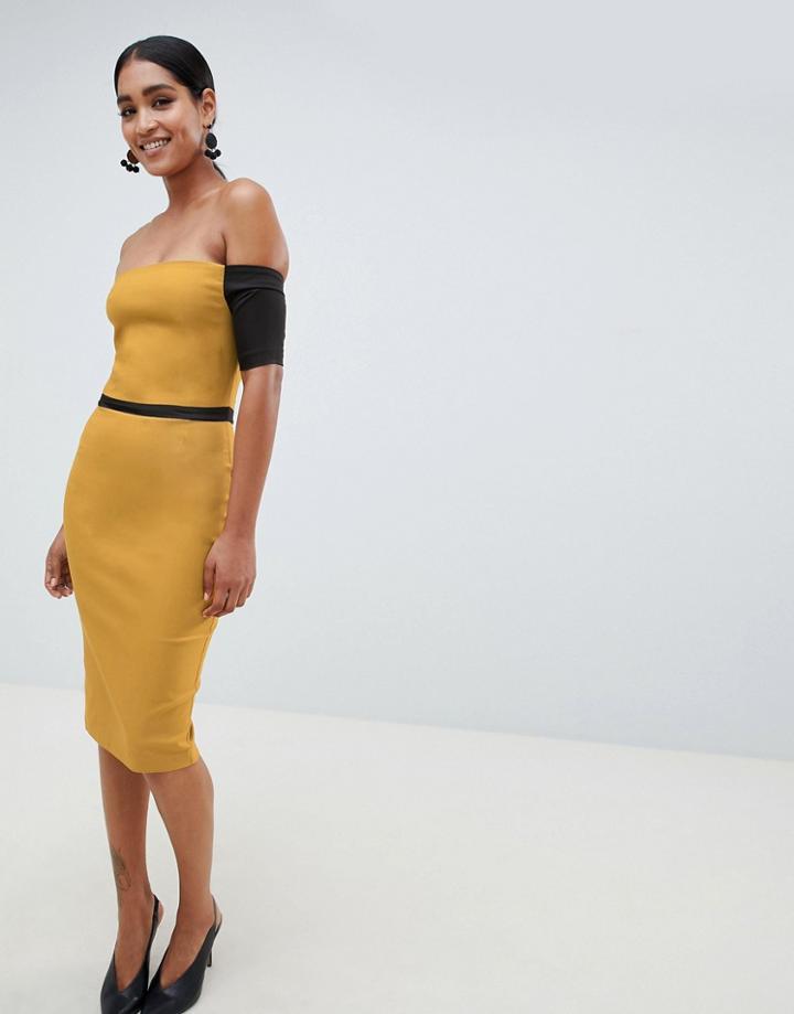 Vesper Off Shoulder Pencil Dress With Contrast Sleeves - Yellow
