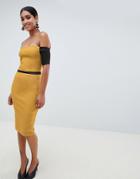 Vesper Off Shoulder Pencil Dress With Contrast Sleeves - Yellow