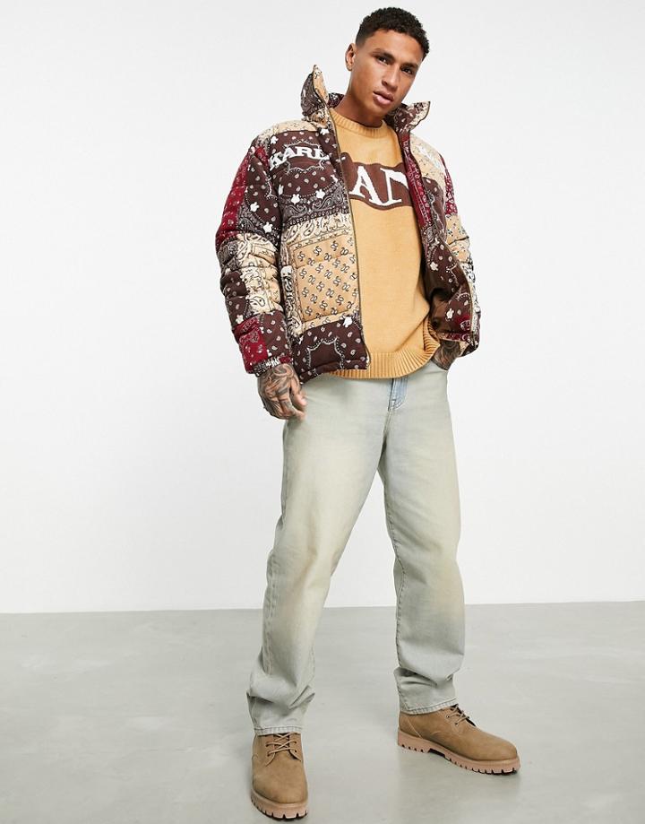 Karl Kani Retro Paisley Corduroy Puffer Jacket In Beige-multi