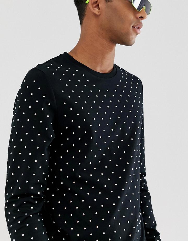 Asos Design Festival Skinny Longline Long Sleeve T-shirt With Stretch And Embellished Gems In Black - Black