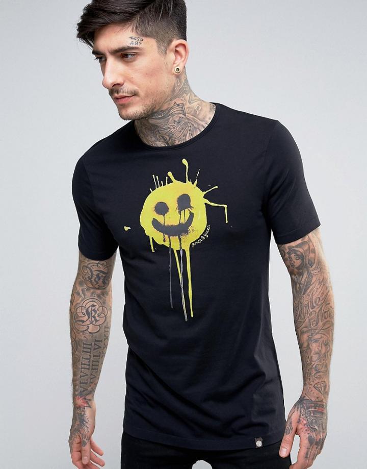 Pretty Green T-shirt Smiley Spray Print Slim Fit In Black - Black