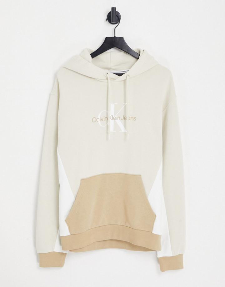 Calvin Klein Jeans Blocking Capsule Cotton Monogram Hoodie In Stone Exclusive To Asos-neutral