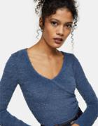 Topshop Fluffy Wrap Top In Indigo-brown