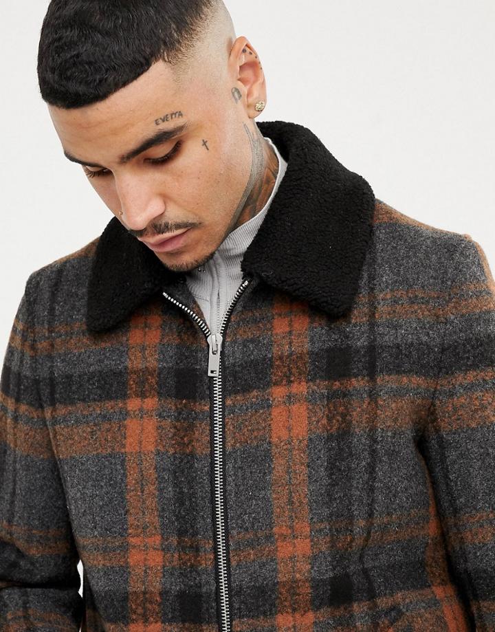 Asos Design Zip Through Jacket In Gray Check - Gray