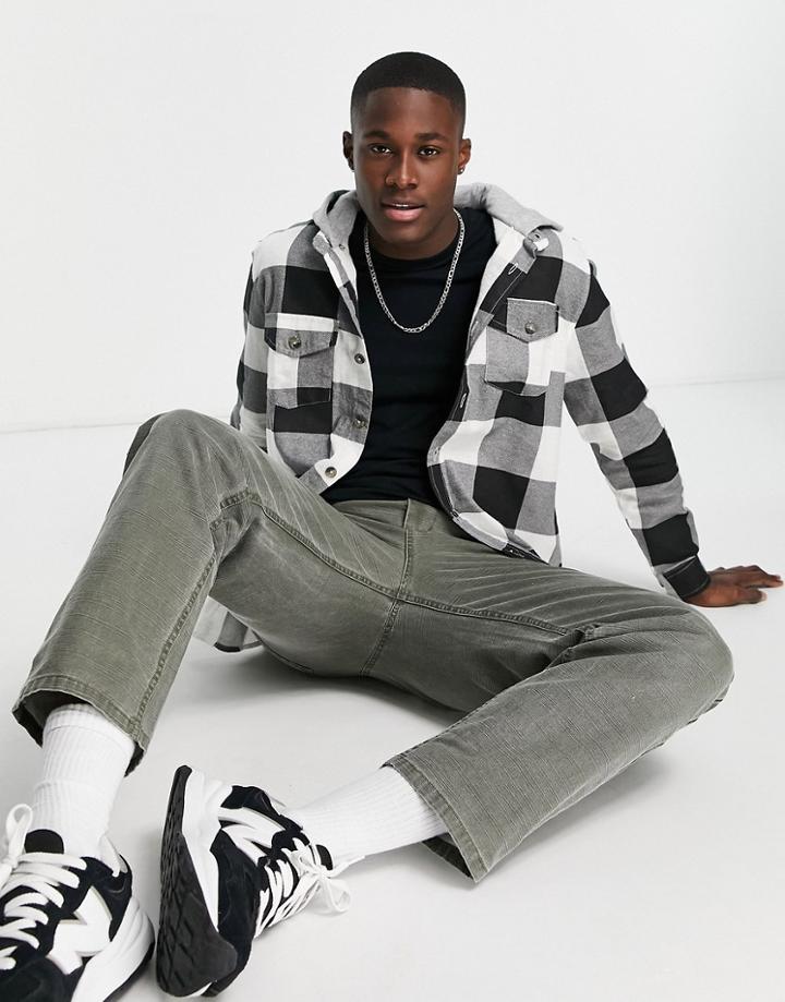 Brave Soul Hooded Check Shirt In Black Ecru