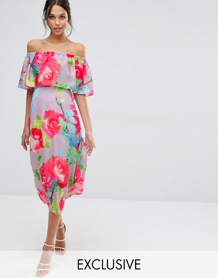 Every Cloud Rose Print Off Shoulder Frill Midi Dress - Multi Print