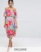 Every Cloud Rose Print Off Shoulder Frill Midi Dress - Multi Print