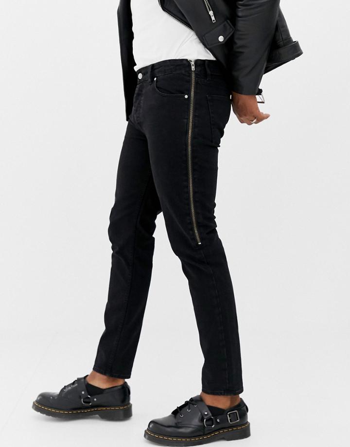 Asos Design Super Skinny Jeans In Black With Side Zip - Black