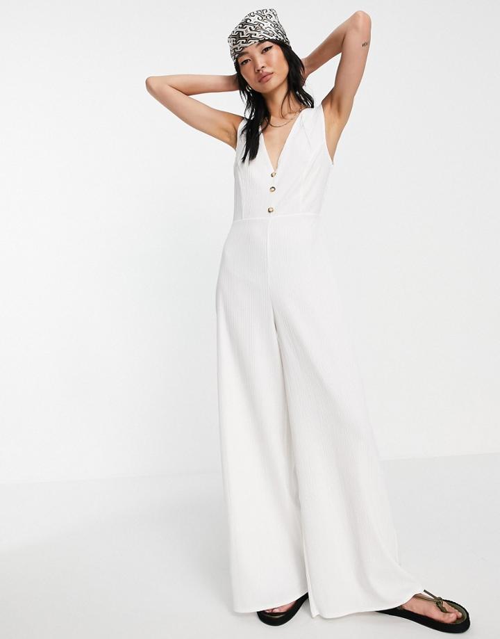 Asos Design Sleeveless Textured Jumpsuit In White