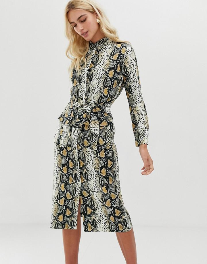 Zibi London Snake Print Shirt Midi Dress With Belt Detail - Beige