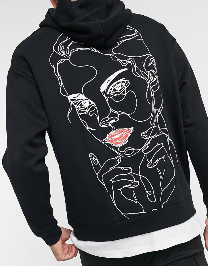 Asos Design Oversized Hoodie With Line Drawing Back Print In Black