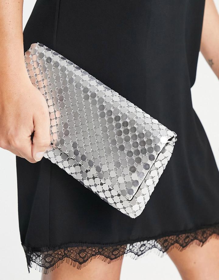 True Decadence Foldover Clutch Bag In Silver Mesh