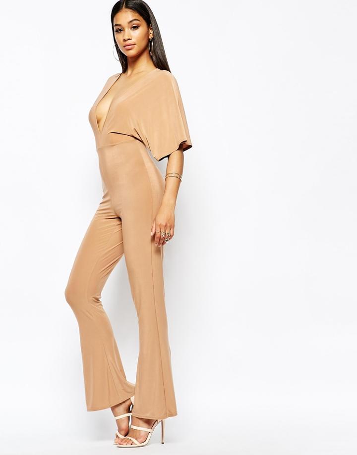 Missguided Slinky Flared Sleeve Jumpsuit - Camel