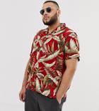 New Look Plus Viscose Revere Shirt In Leaf Print In Red - Red