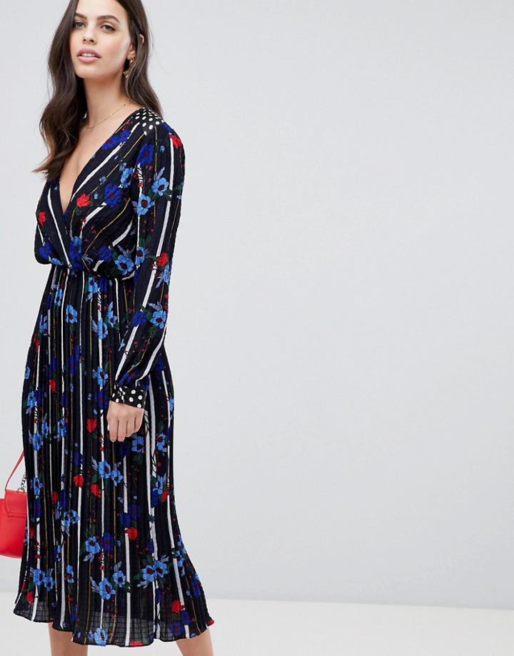 Liquorish Floral And Stripe Print Maxi Dress With Pleated Skirt - Multi