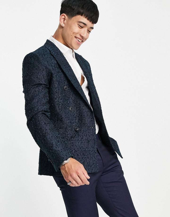 Asos Design Slim Double Breasted Blazer In Navy Boucle