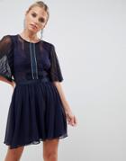 Asos Design Mini Dobby Skater Dress With Embellished Trim - Navy