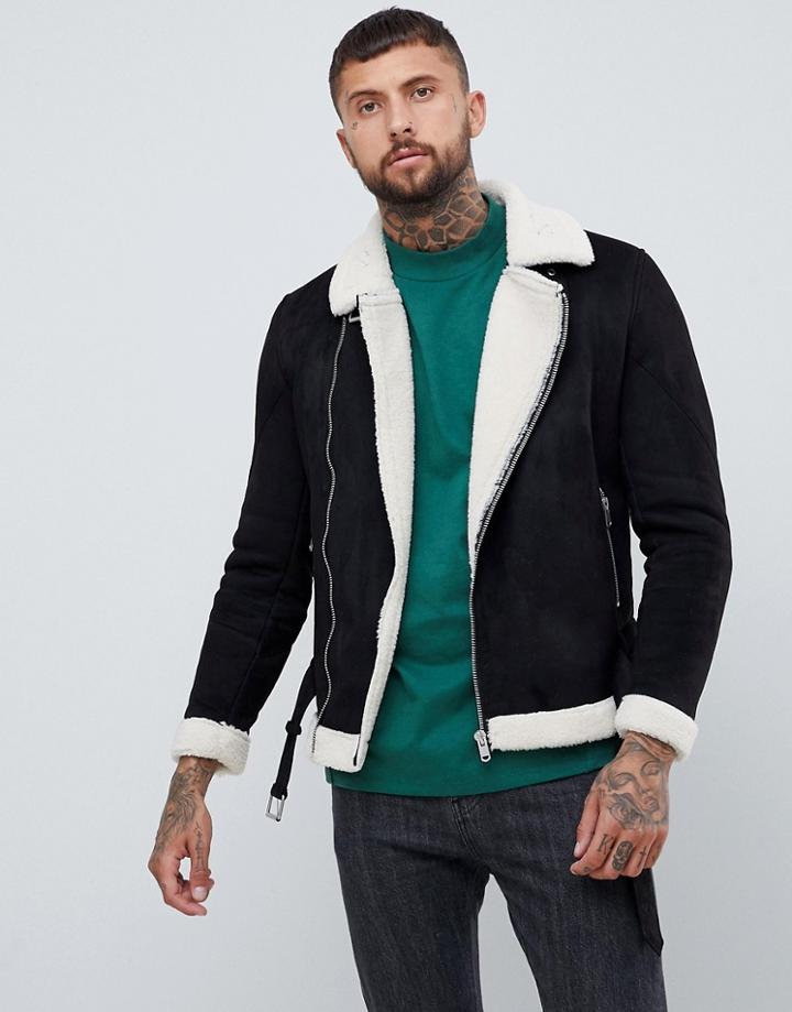 Bershka Faux Suede Biker Jacket In Black - Black