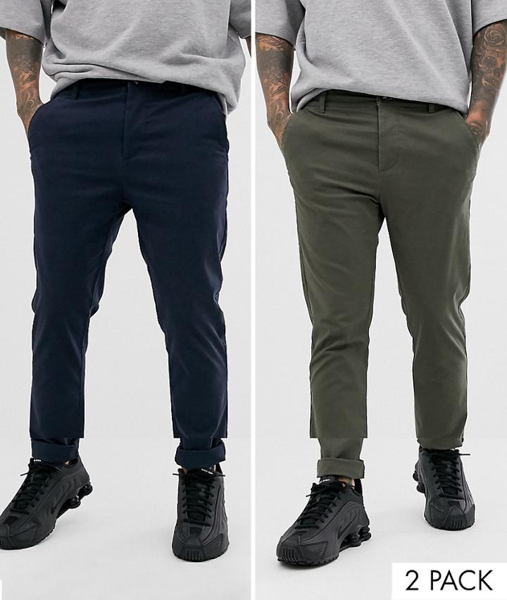 Asos Design 2 Pack Skinny Chinos In Khaki & Navy Save - Multi
