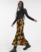 Weekday Flame Print Satin Midi Skirt In Black-multi