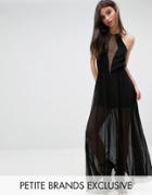 John Zack Petite Sheer Mesh Detail Maxi Dress - Black