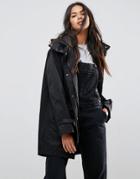 Asos Parka With Funnel Neck And Buckles - Black